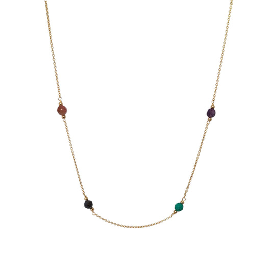 gold necklace with pink tourmaline, sapphire, turquoise and amethyst birthsones 