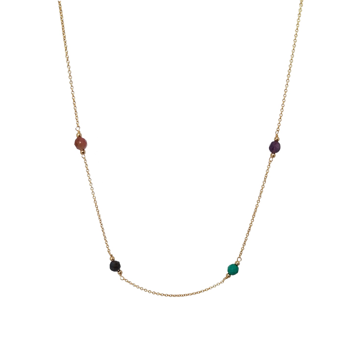 gold necklace with pink tourmaline, sapphire, turquoise and amethyst birthsones 
