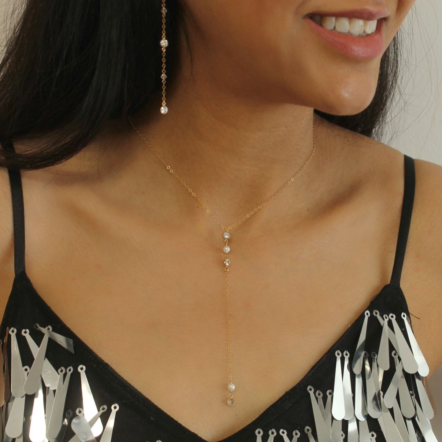 Crystal and Pearl Lariat Necklace