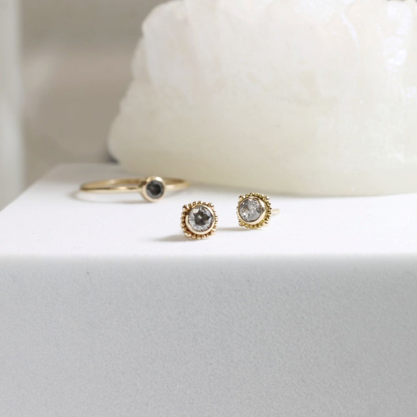 14KT Salt and Pepper Diamond Halo Studs