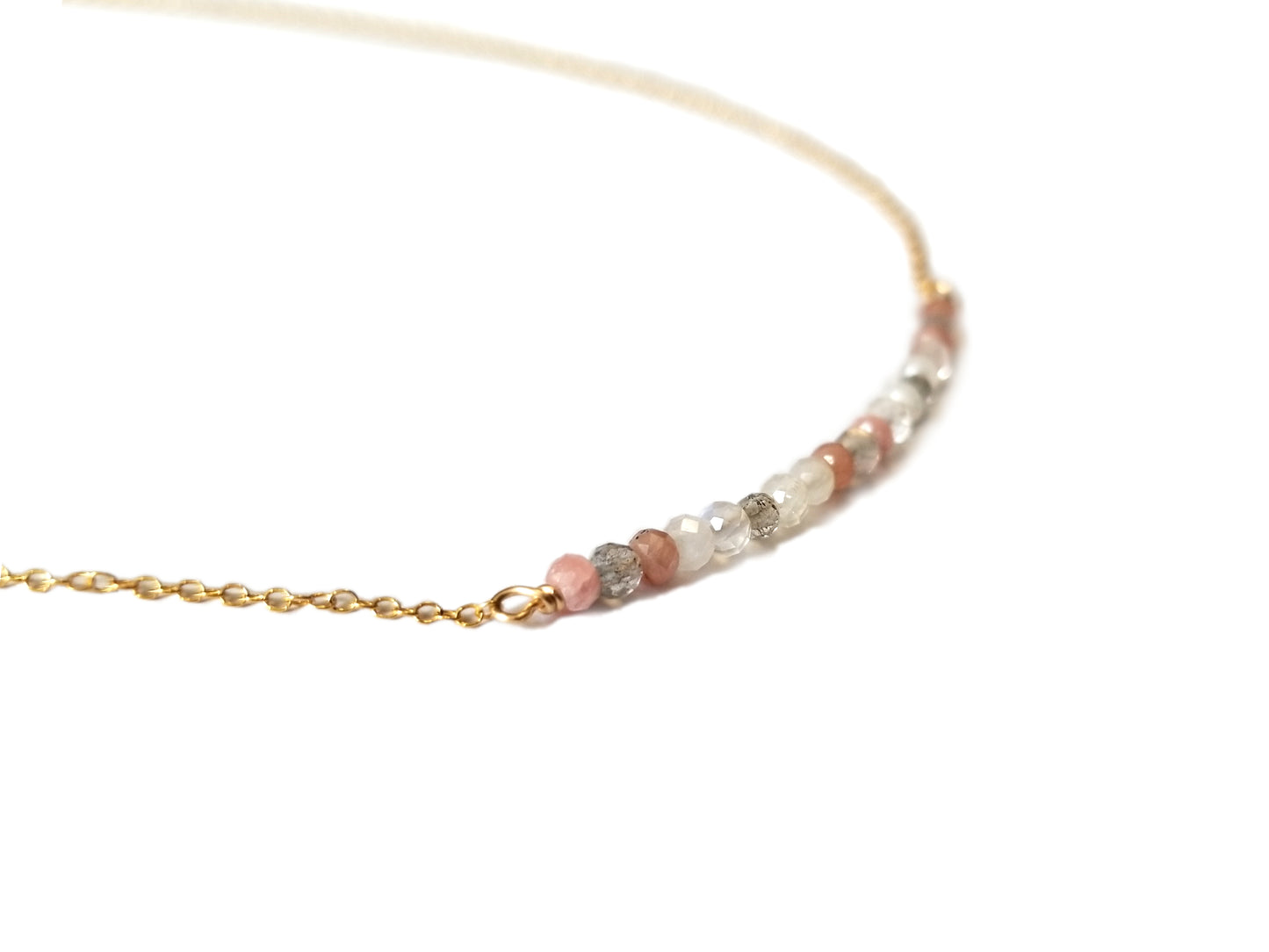  Pink and White Moonstone Goddess Gold Necklace up close 