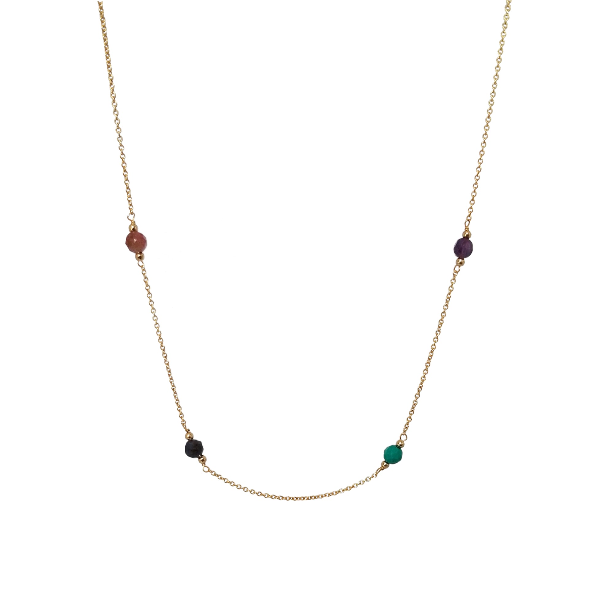 gold necklace with pink tourmaline, sapphire, turquoise and amethyst birthsones 