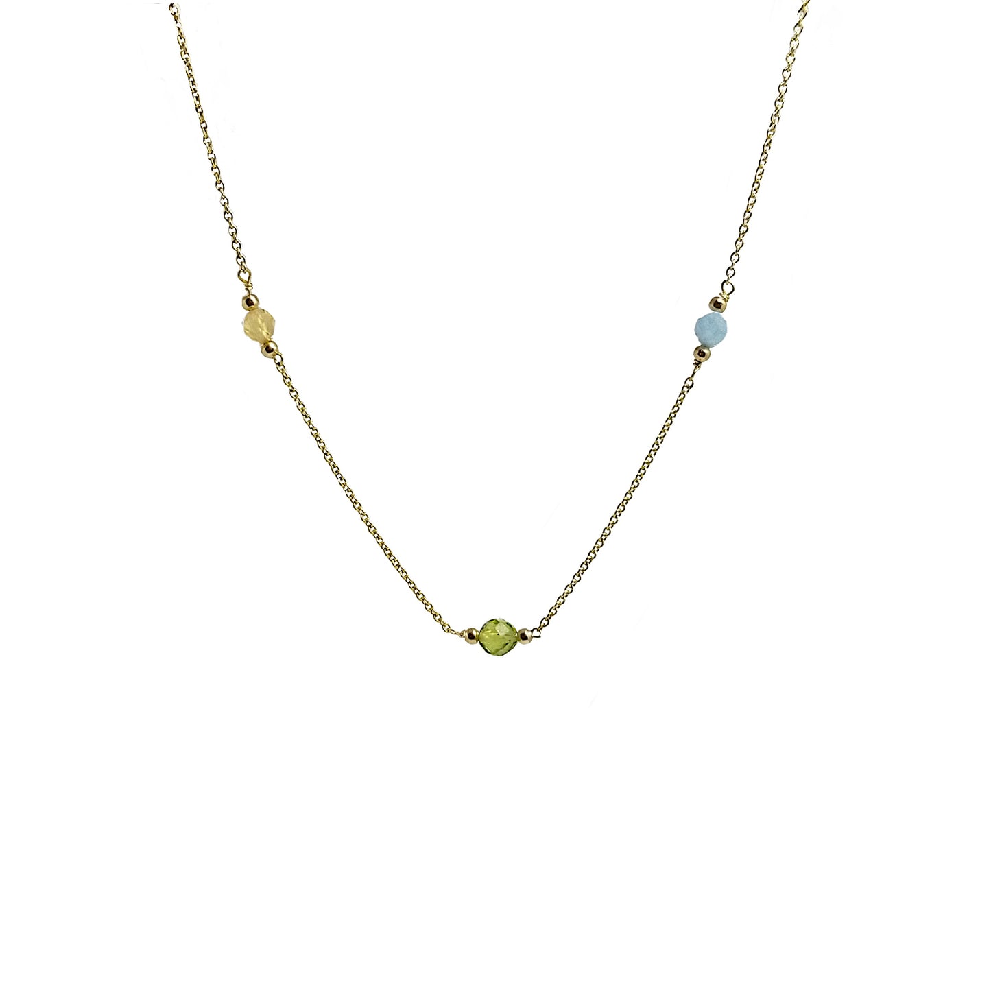 gold necklace with citrine, aquamarine, peridot birthstones