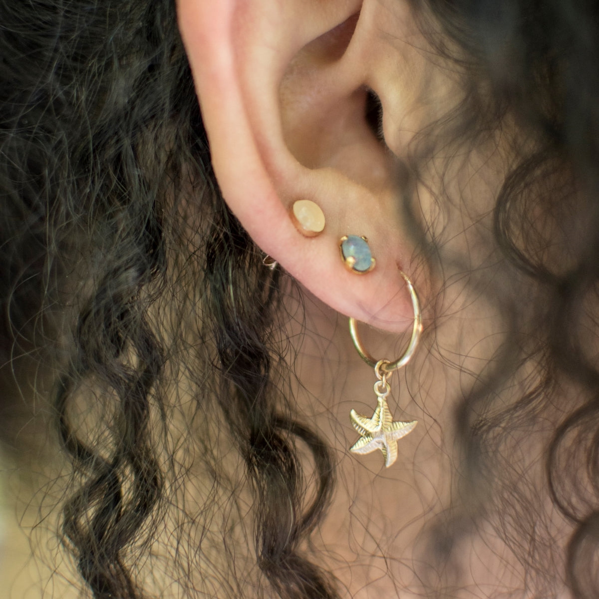rose quartz studs paired with amazonite and the starfish charmed earrings
